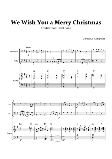We Wish you a Merry Christmas for Euphonium and Tuba Duet with Piano (arr. Rika K.)