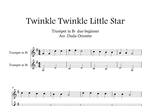 Twinkle Twinkle Little Star DUET (For BEGINNER and kids)   (trumpet in Bb duo) (arr. Duda Oriontte)