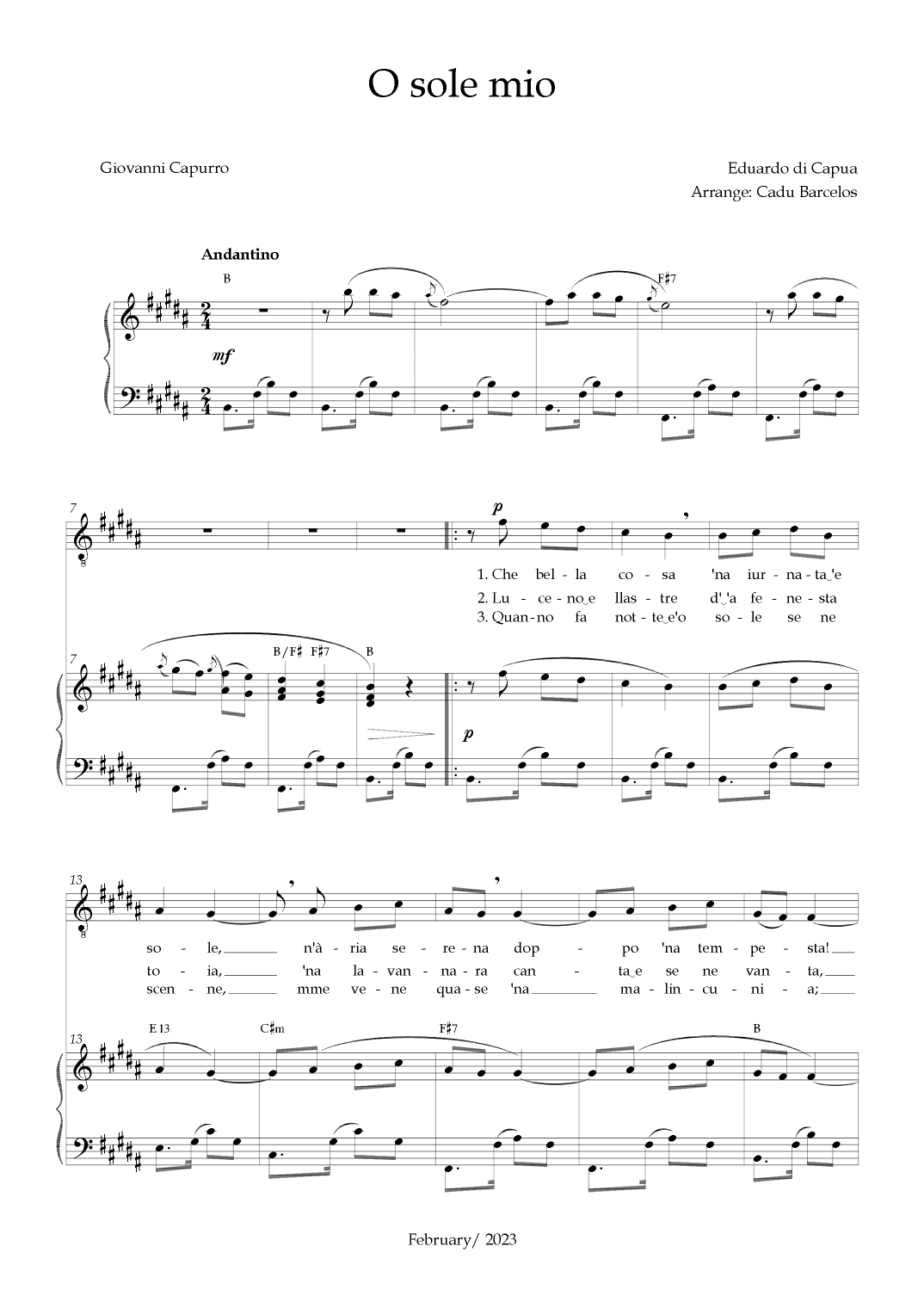 O Sole Mio (Eduardo di Capua) - B Major Chords (arr. Cadu Barcelos)