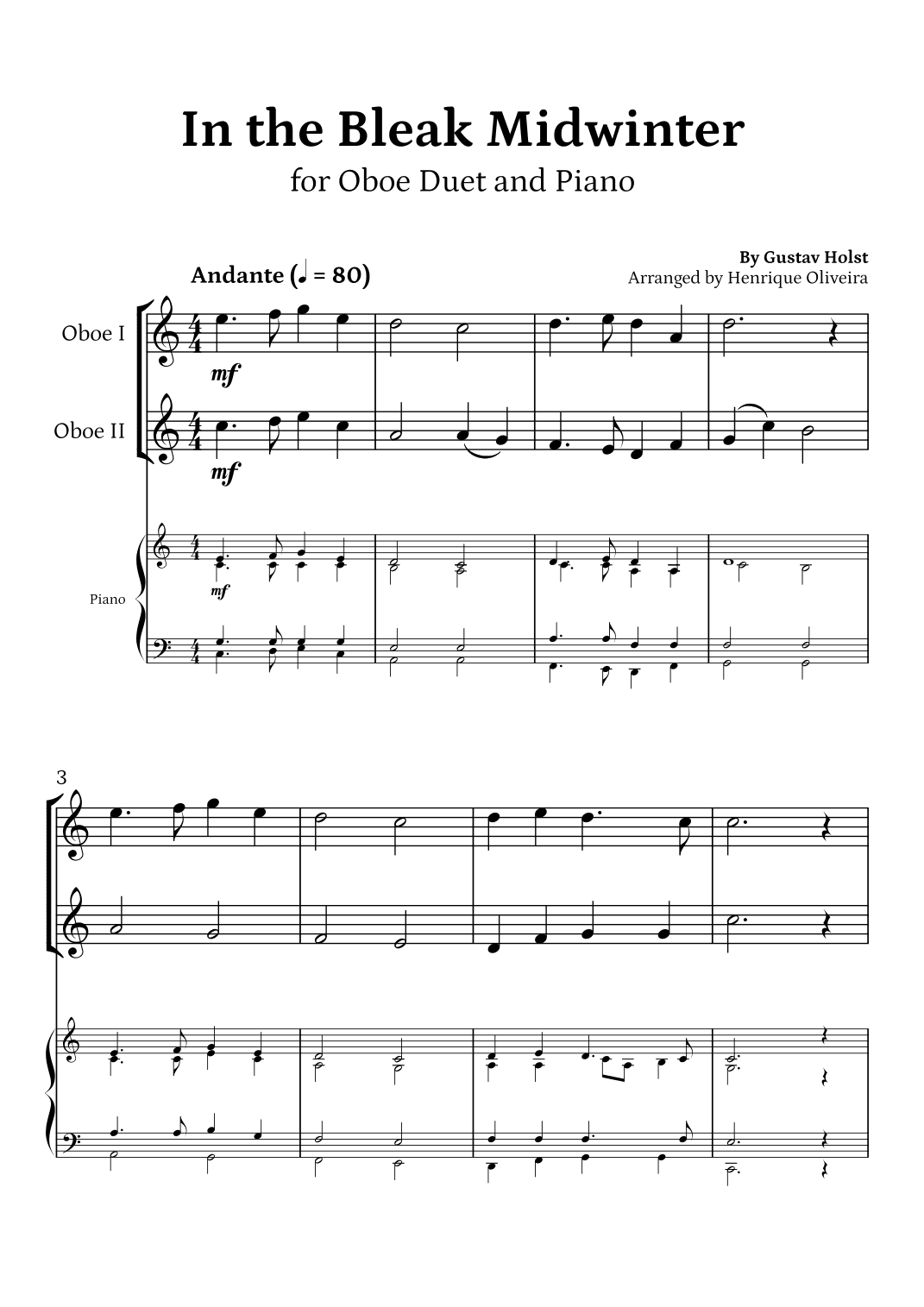 In the Bleak Midwinter (Oboe Duet and Piano) - Beginner Level (arr. Henrique Oliveira)