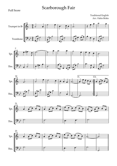 Scarborough Fair for Trumpet in Bb & Trombone Duo (arr. Fabio Britto)