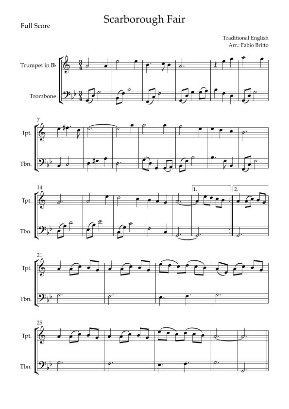 Scarborough Fair for Trumpet in Bb & Trombone Duo (arr. Fabio Britto)