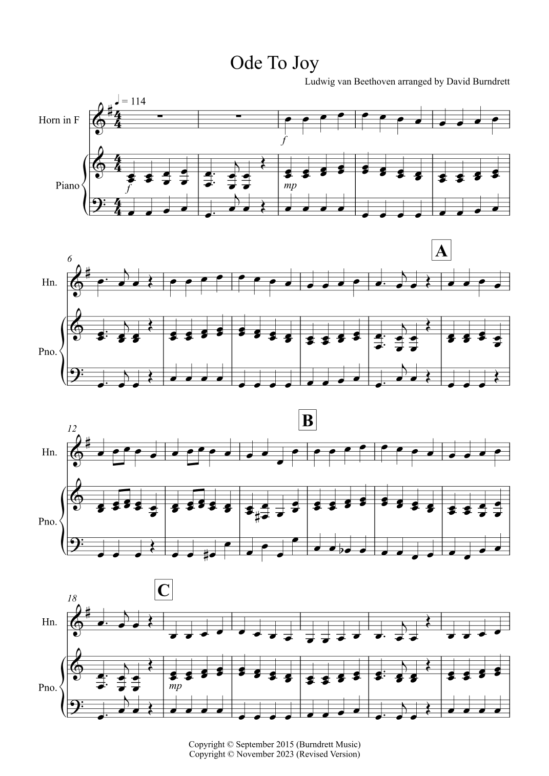 Ode to Joy for French Horn and Piano (arr. David Burndrett)