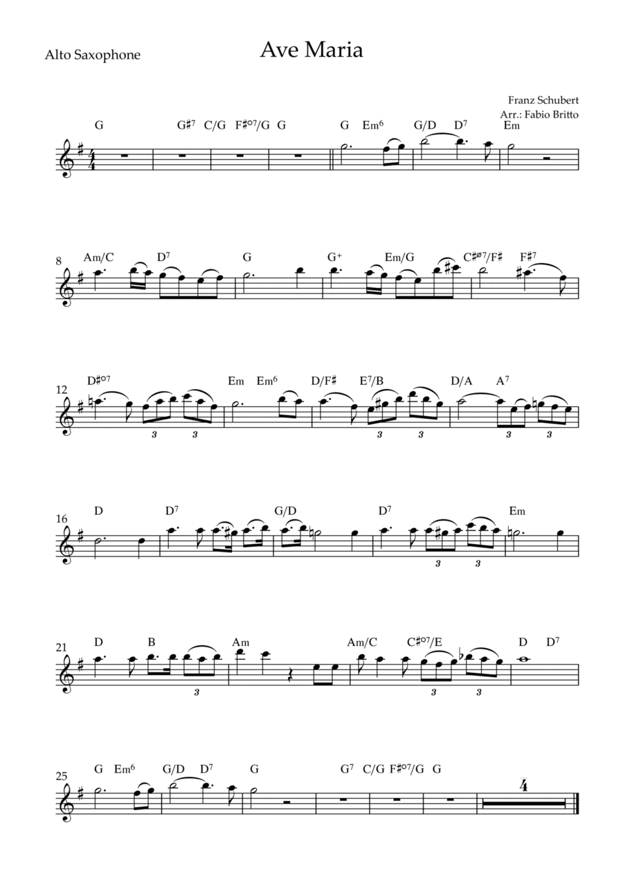 Ave Maria (Franz Schubert) for Alto Saxophone Solo with Chords (Simplified) (arr. Fabio Britto)