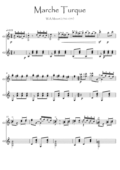Guitar duet Alla turca by Mozart (arr. PianoSheetNow)