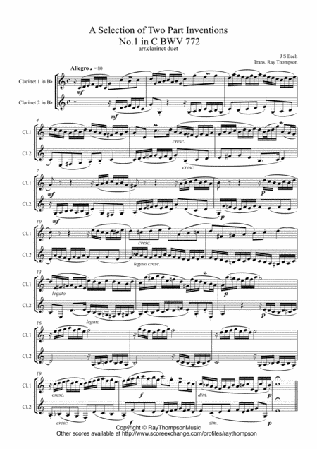 Bach: " A Selection of Inventions" (Two Part Inventions nos. 1,3,4,5,6,13 & 15) - clarinet duet (arr. Ray Thompson)