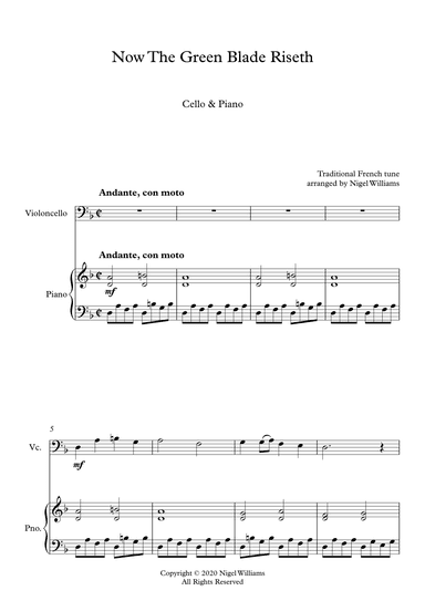 Now The Green Blade Riseth, for Cello and Piano (Noel Nouvelet) (arr. Nigel Williams)