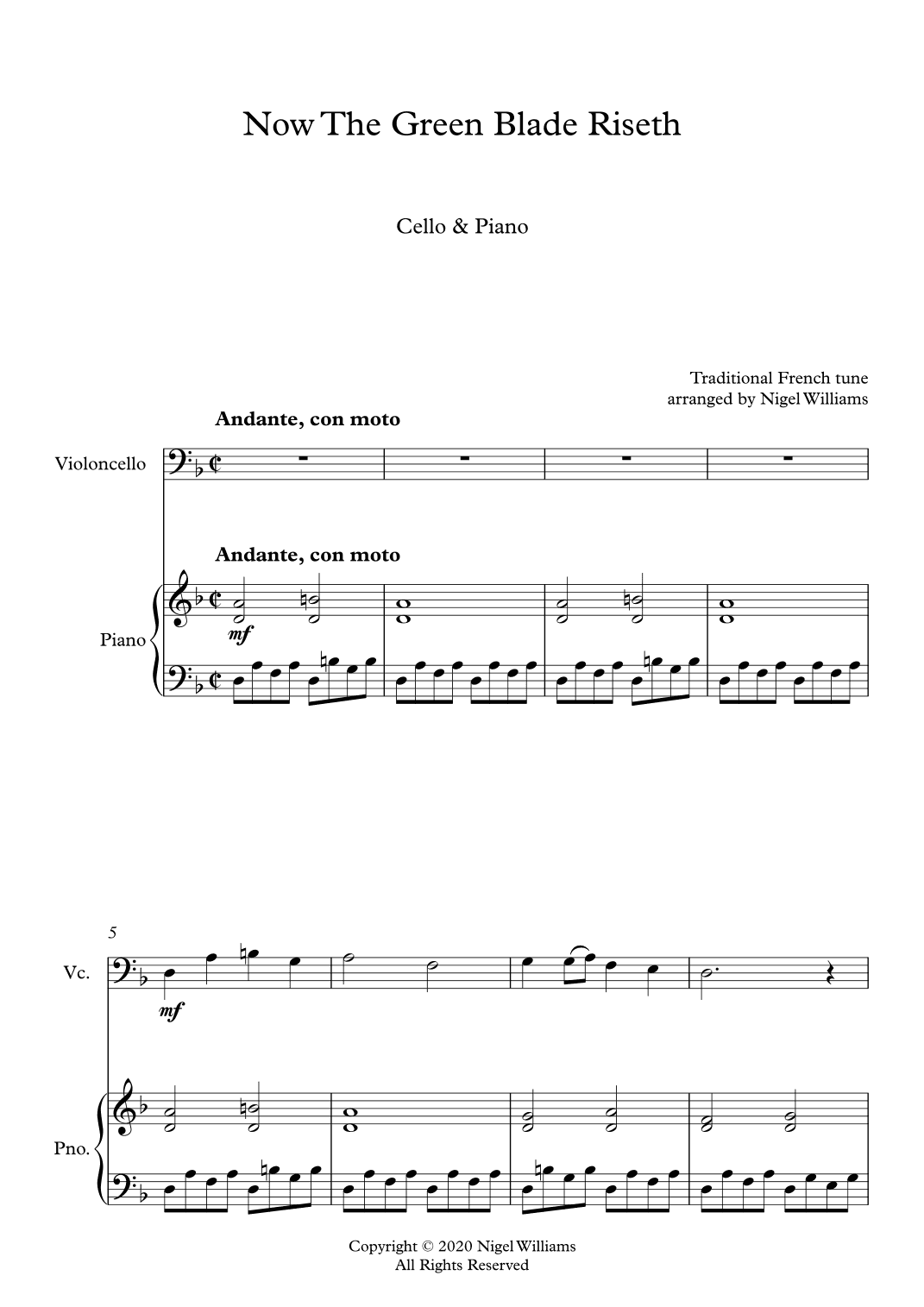 Now The Green Blade Riseth, for Cello and Piano (Noel Nouvelet) (arr. Nigel Williams)