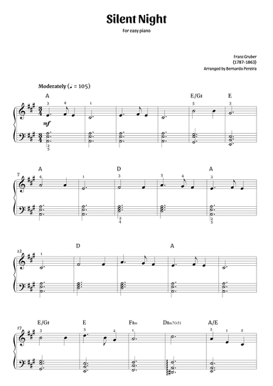 Silent Night (easy piano in A major – with chords) (arr. Bernardo Pereira)