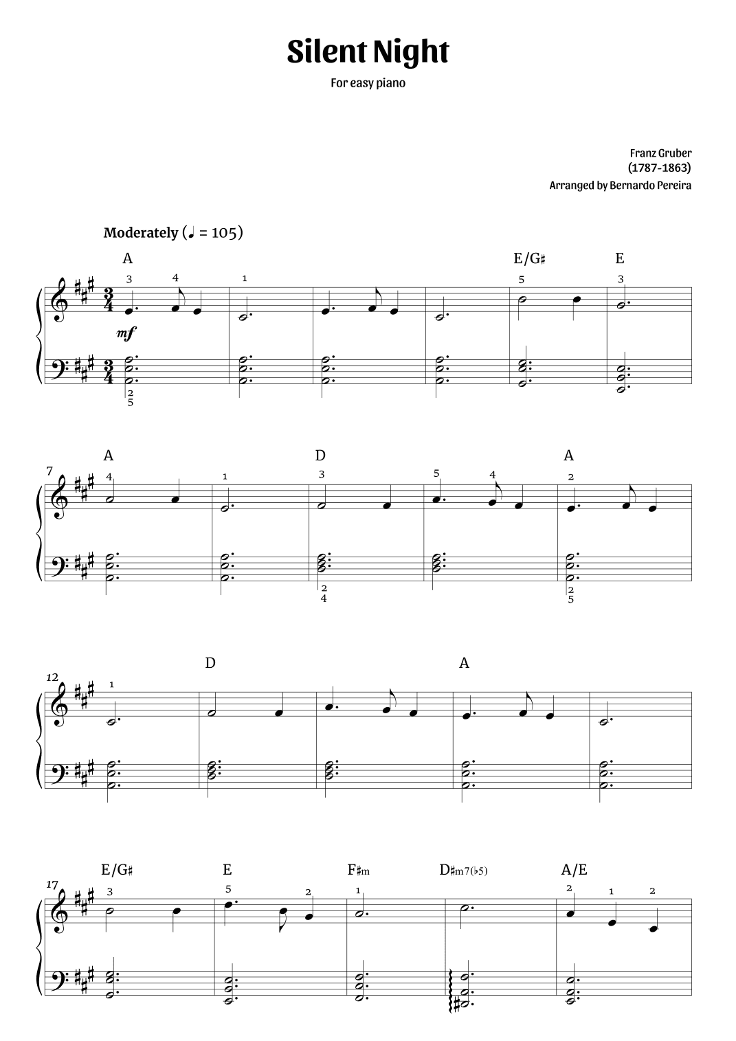 Silent Night (easy piano in A major – with chords) (arr. Bernardo Pereira)