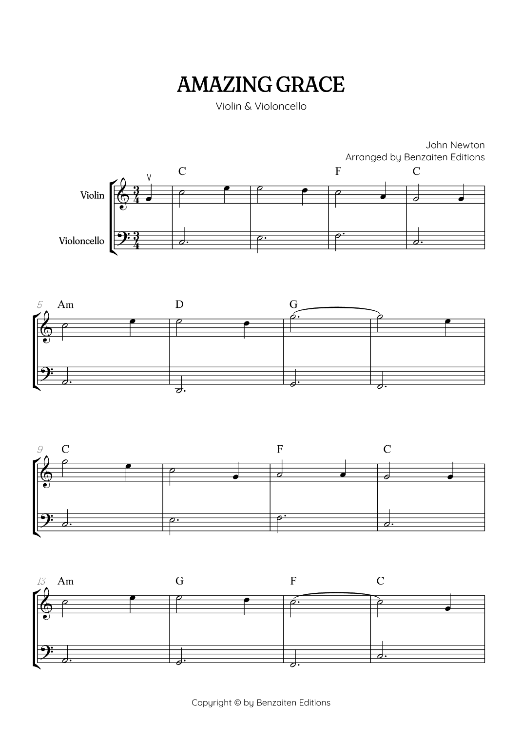Amazing Grace • super easy violin and cello sheet music with chords (arr. Benzaiten Editions)