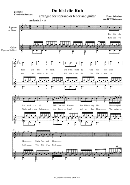 Du bist die Ruh for soprano or tenor and guitar in E flat (arr. David Warin Solomons)