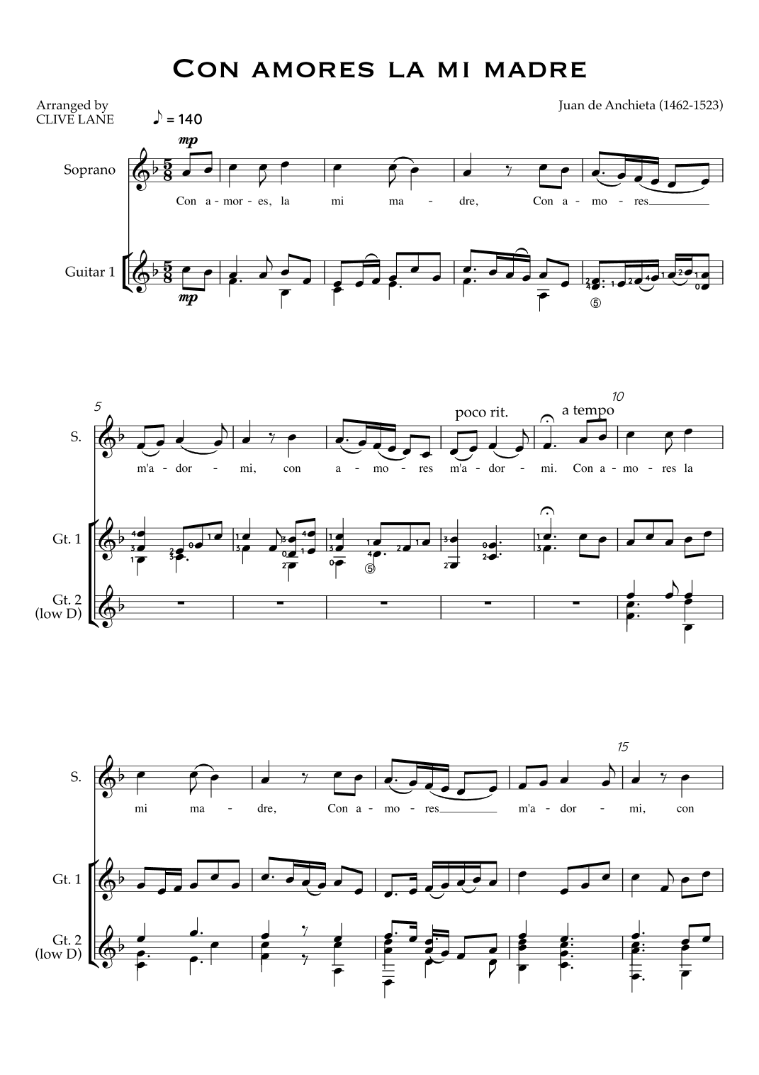 Con amores la mi madre (for soprano and guitar duet, or C recorder and guitar duet) (arr. Clive Lane)