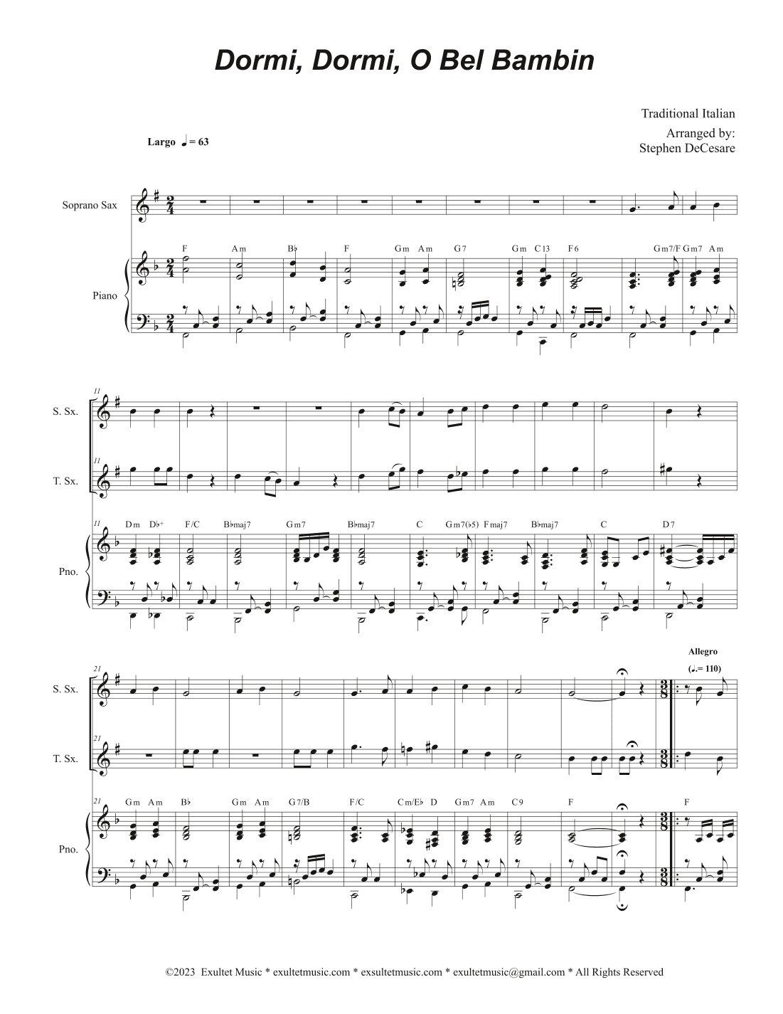 Dormi, Dormi, O Bel Bambin (Duet for Soprano and Tenor Saxophone) (arr. Stephen DeCesare)
