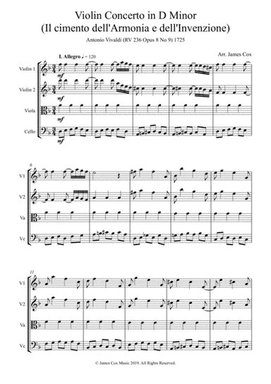 Violin Concerto in G Minor - (String Quartet) - Antonio Vivaldi (RV 236 Opus 8 No 9) (arr. James Cox)