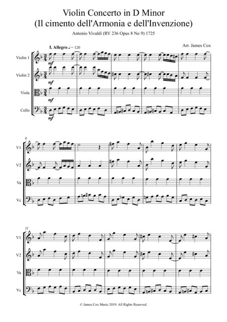 Violin Concerto in G Minor - (String Quartet) - Antonio Vivaldi (RV 236 Opus 8 No 9) (arr. James Cox)