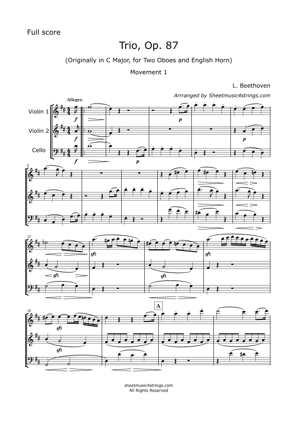 Beethoven, L. - Trio in C., Op. 87, Arranged for 2 Violins and Cello (arr. SheetMusic4Strings)
