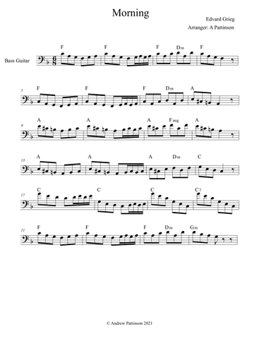 Morning by Edvard Grieg for Bass with Chords (no TAB) (arr. Andrew Pattinson)
