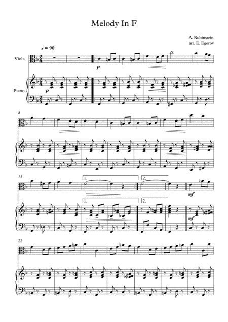 Melody In F, Anton Rubinstein, For Viola & Piano (arr. Eugene Egorov)