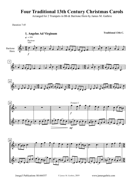 Four Traditional 13th Century Christmas Carols for 2 Trumpets & Baritone Horn (arr. James M. Guthrie, ASCAP)