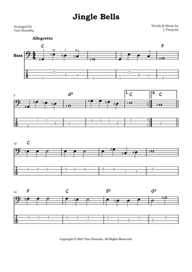 Jingle Bells - Melody for Bass in C (with TAB) (arr. Yuri Noronha)