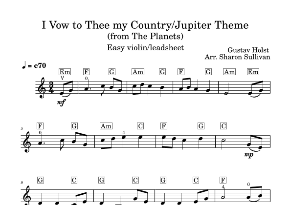 I Vow to Thee my Country/Jupiter Theme from the Planets (Easy violin leadsheet) (arr. Sharon Sullivan)