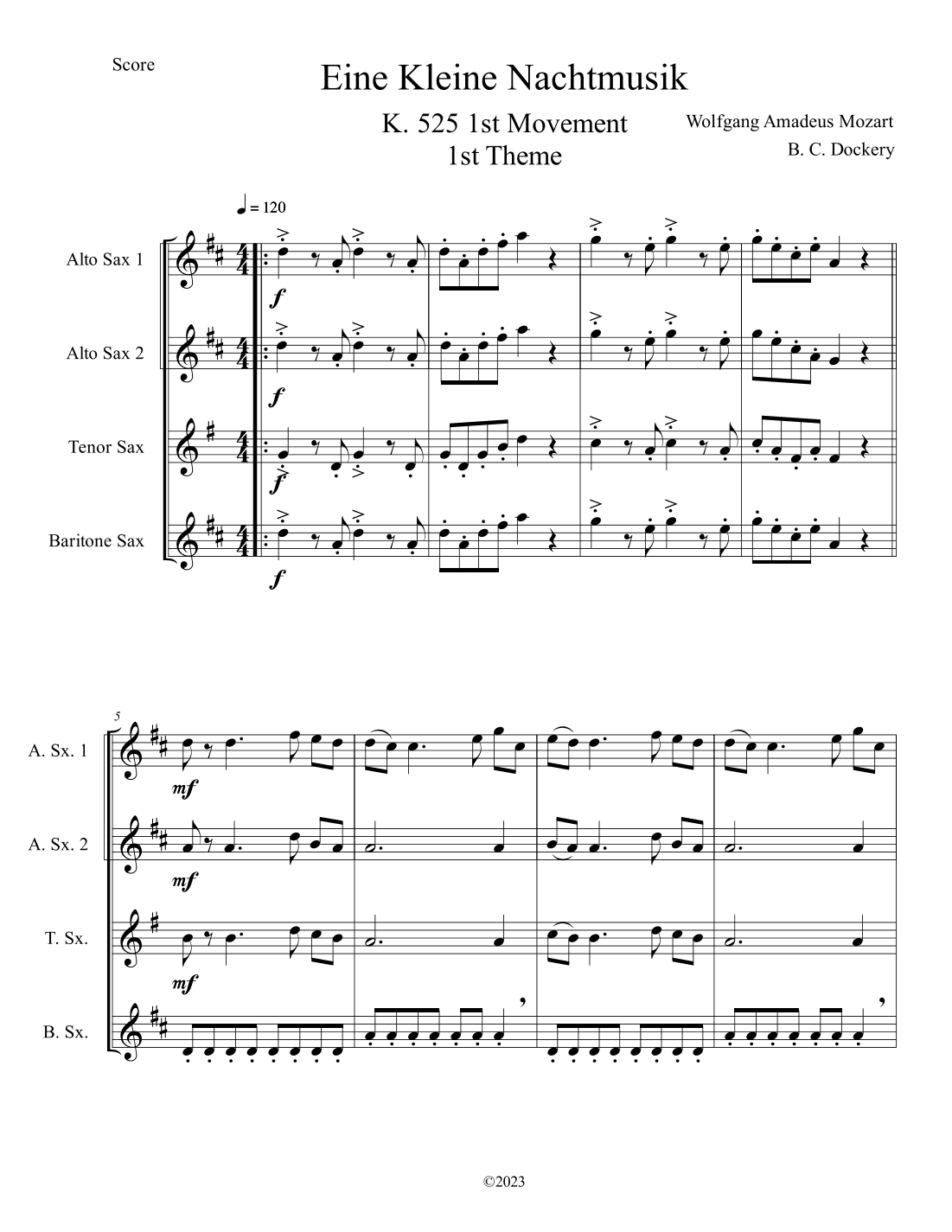 Eine Kleine Nachtmusik (A Little Night Music) for Saxophone Quartet (arr. B. C. Dockery)