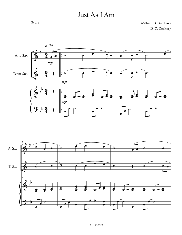 Just As I Am (Alto and Tenor Sax Duet with Piano) (arr. B. C. Dockery)