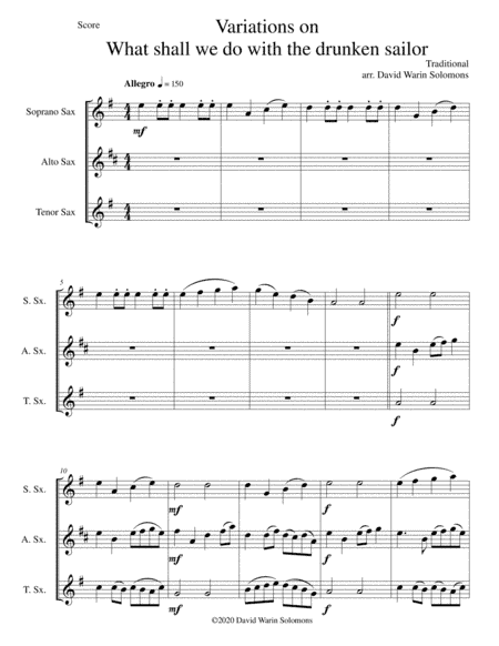 Variations on What shall we do with the drunken sailor for saxophone trio (arr. David Warin Solomons)