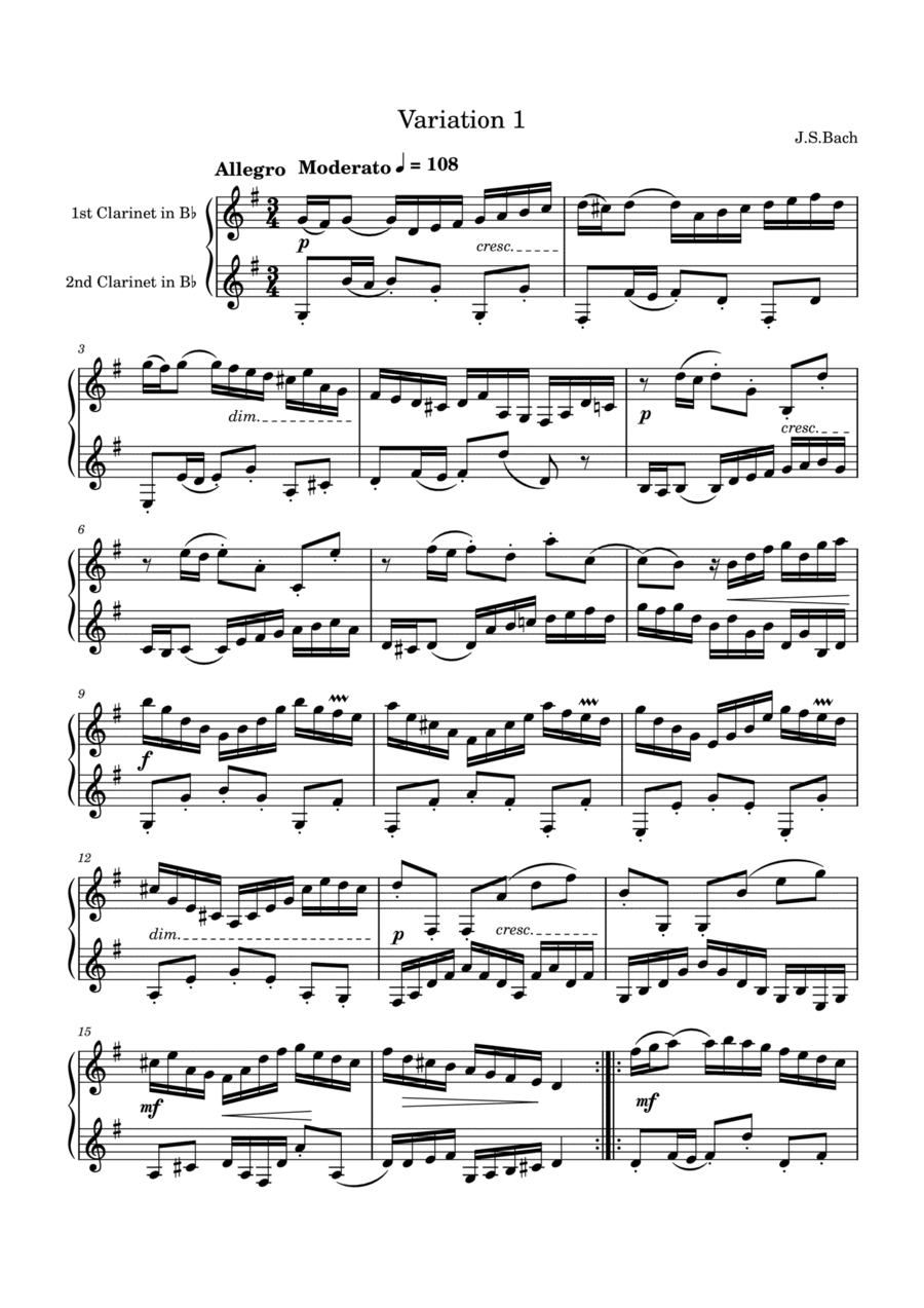 J.S.Bach: Goldberg Variation 1 for two clarinets (arr. Saho Omukai)