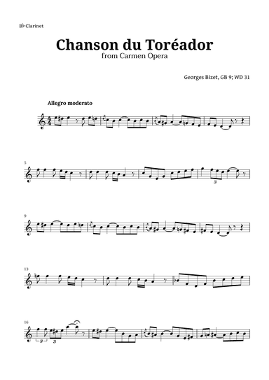 Chanson du Toreador by Bizet for Clarinet (arr. Langanho)