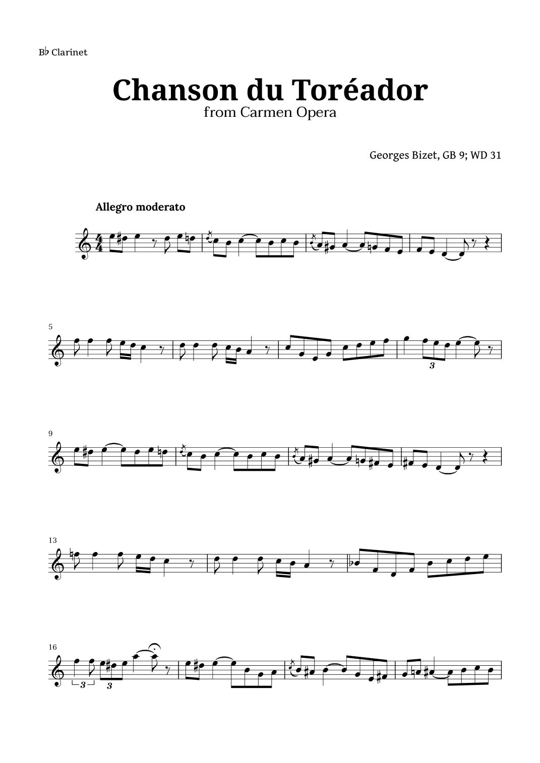 Chanson du Toreador by Bizet for Clarinet (arr. Langanho)