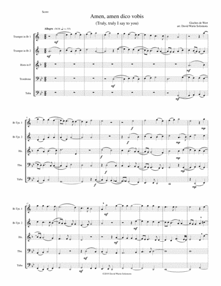 Amen Amen dico vobis (Truly truly I say to you) for brass quintet (arr. David Warin Solomons)