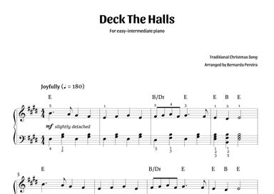 Deck The Halls (easy-intermediate piano – E major) (arr. Bernardo Pereira)