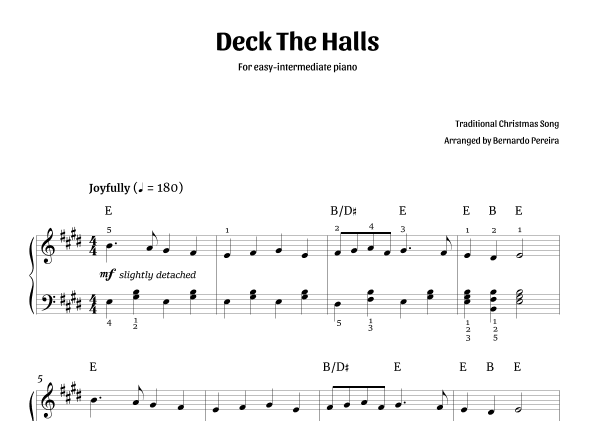 Deck The Halls (easy-intermediate piano – E major) (arr. Bernardo Pereira)