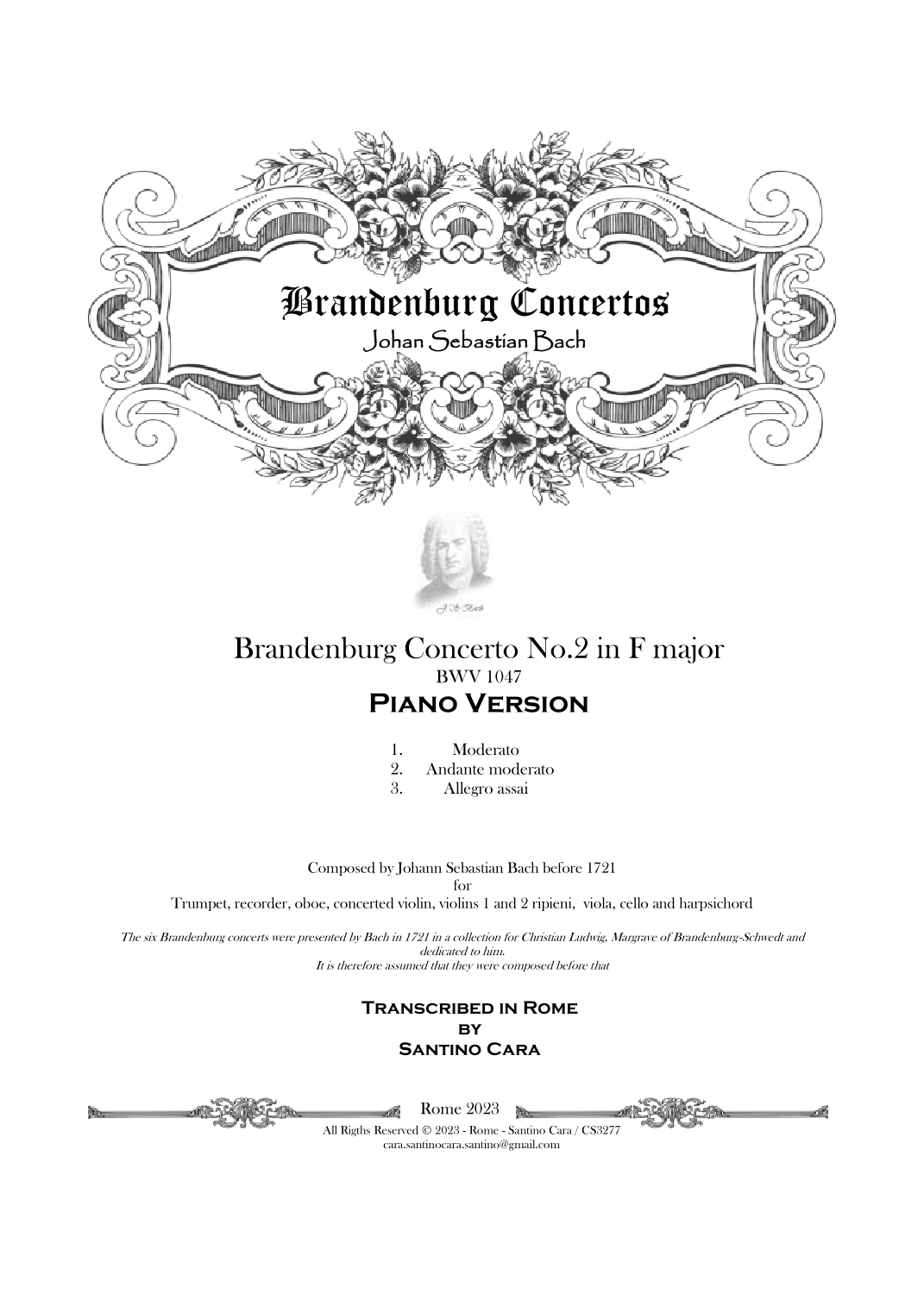 Bach - Brandenburg Concerto No.2 in F major BWV 1047 - Piano Version (arr. Santino Cara)