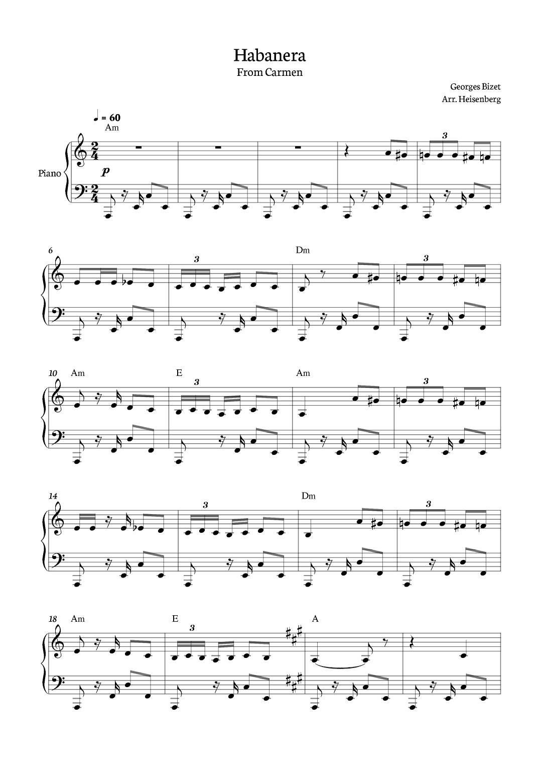 Habanera from Carmen for Piano with chords. (arr. Heisenberg)