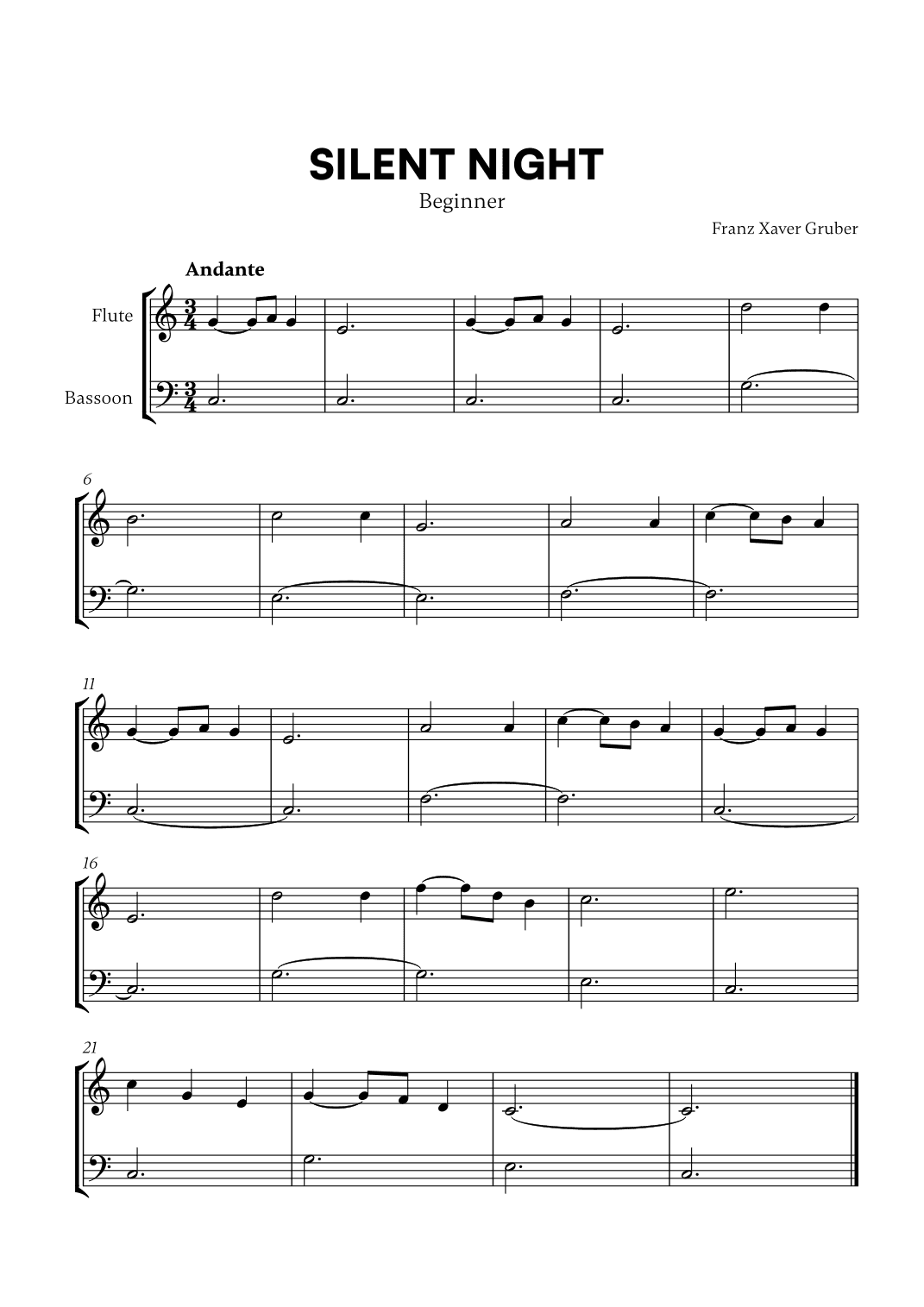 Silent Night (Beginner) (for Flute and Bassoon) (arr. Cadenza Editions)