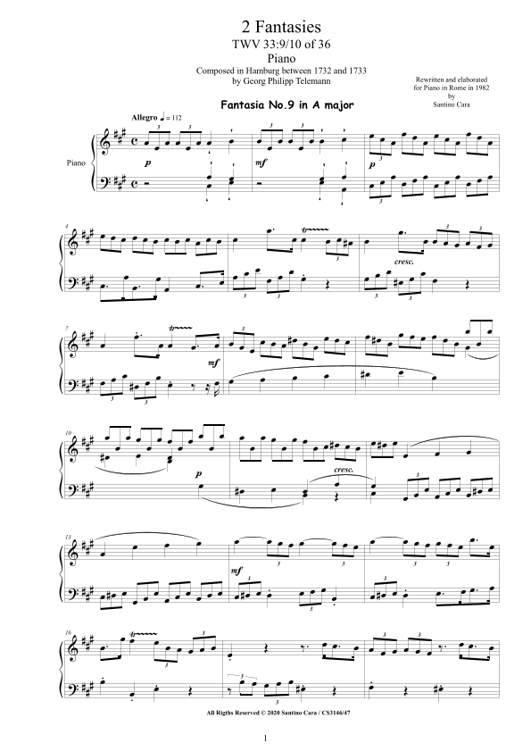 Teleman - 2 Fantasies in (A major A minor) TWV 33 No.9-10 of 36 for Piano (arr. Santino Cara)