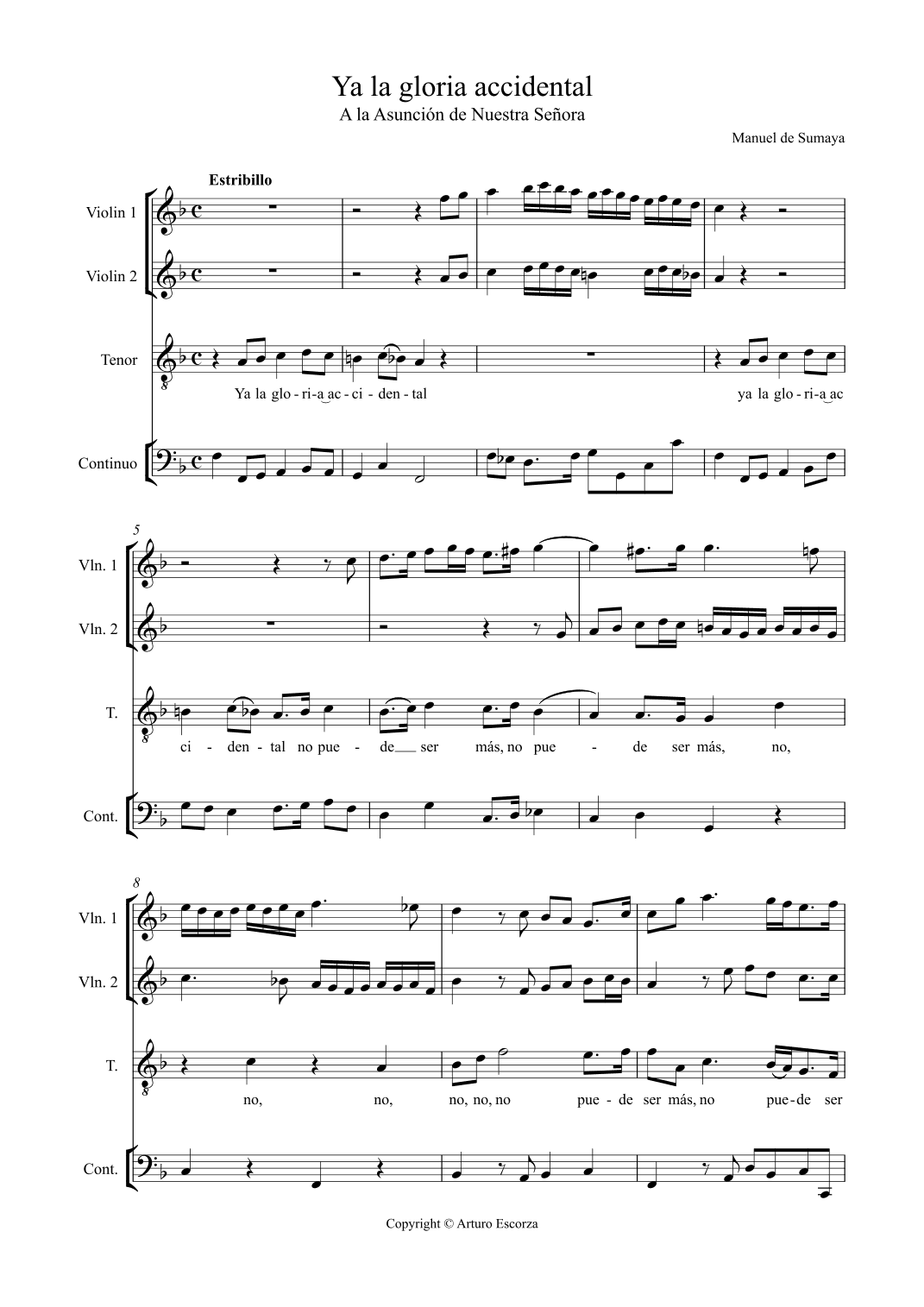 "Ya la Gloria accidental" Cantata for solo tenor - Manuel de Sumaya (arr. Arturo Escorza)