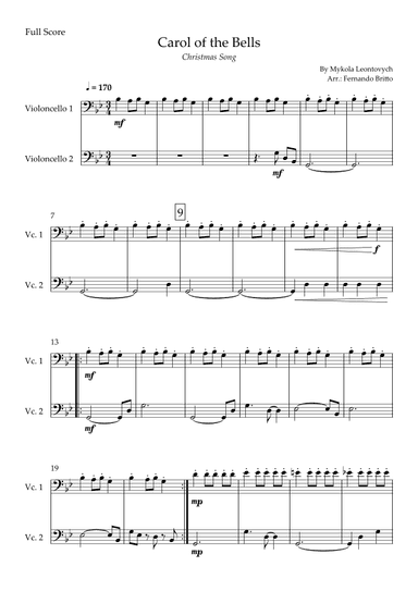 Carol of the Bells in Jazz Version (Christmas Song) for Cello Duo (arr. Fabio Britto)