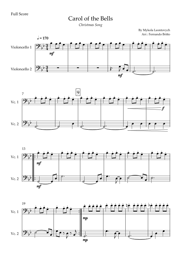 Carol of the Bells in Jazz Version (Christmas Song) for Cello Duo (arr. Fabio Britto)