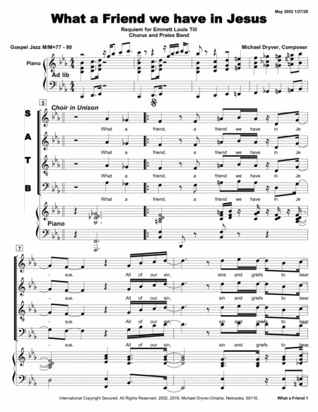 What a Friend we Have in Jesus (from Requiem of Emmett Louis Till movement No 4 of 16) (arr. Michael Dryver, Arranger)
