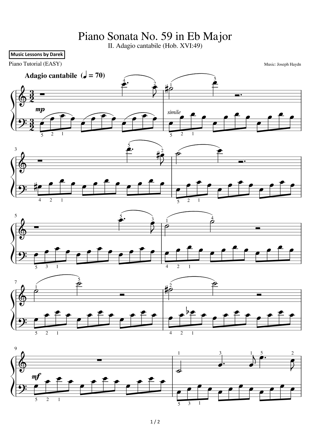 Piano Sonata No. 59 in Eb Major (EASY PIANO) II. Adagio cantabile (Hob. XVI:49) [Joseph Haydn] (arr. Darek)