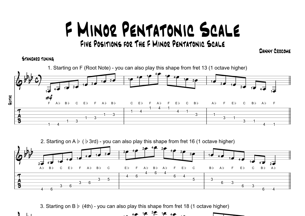 F Minor Pentatonic Scale (Five Positions)