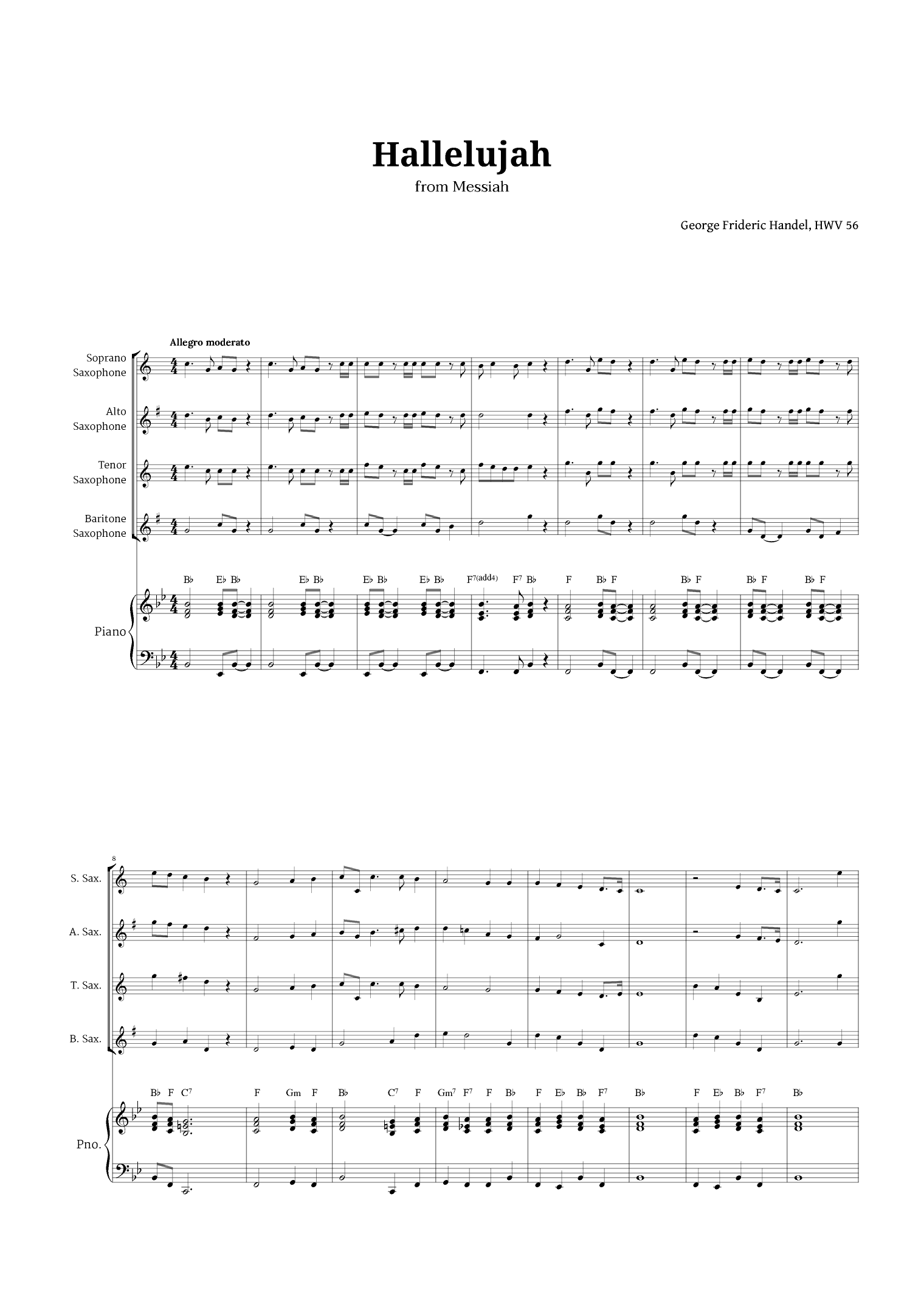 Hallelujah by Handel for Sax Quartet and Piano (arr. Langanho)