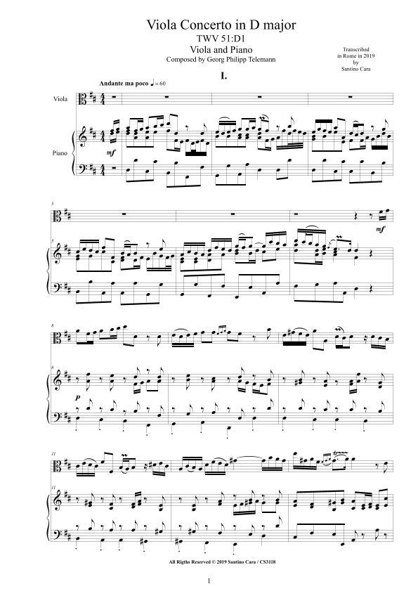 Telemann - Viola Concerto in D major TWV 51D1 for Viola and Piano (arr. Santino Cara)