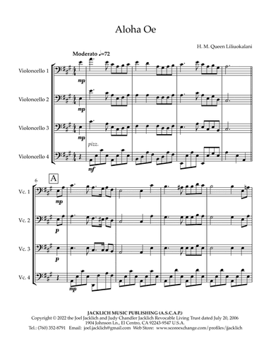 Aloha Oe (arranged for cello quartet) (arr. Joel Jacklich (ASCAP))