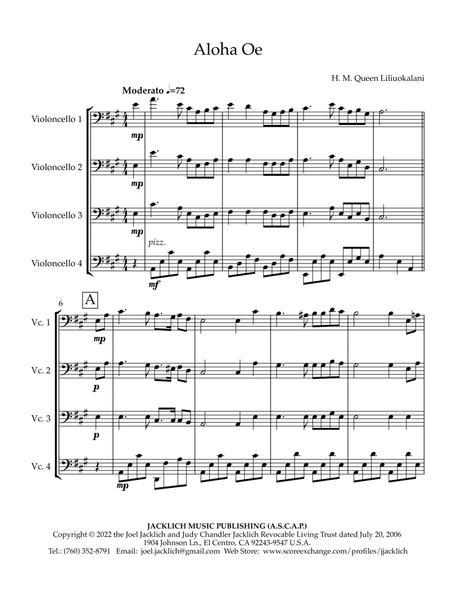 Aloha Oe (arranged for cello quartet) (arr. Joel Jacklich (ASCAP))