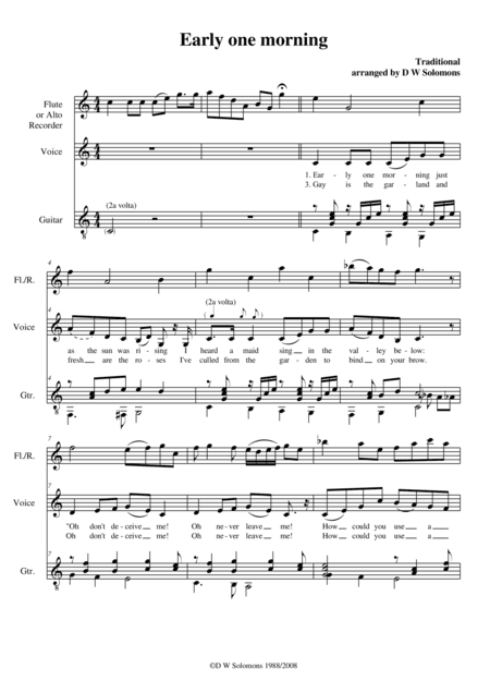 Early one morning for alto voice, alto recorder (or flute) and guitar (arr. David Warin Solomons)